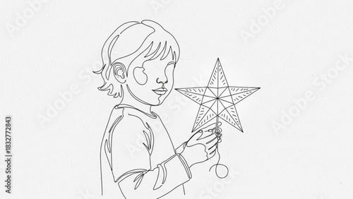 Minimalist single line drawing of a child holding a star symbolizing hope dreams and the magic of the holiday season