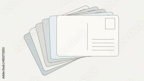 A fan of blank postcards in muted pastel colors arranged in a fanned out pattern on a light neutral background with a clean minimalist aesthetic