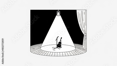 A spotlight illuminates a lone acoustic guitar and microphone on a wooden stage ready for a solo performance