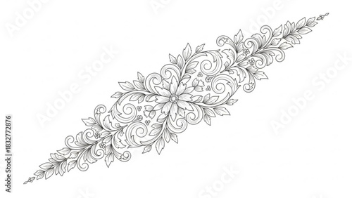 Elegant black and white floral ornament with swirling leaves and a central flower perfect for decorative borders and design elements
