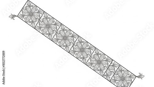 A decorative black and white floral patterned border design with repeating flower motifs and leaf accents perfect for embellishment