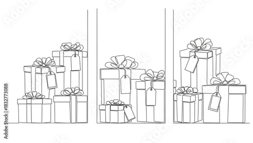 A minimalist line art illustration showcasing three stacks of beautifully wrapped gift boxes adorned with bows and gift tags perfect for celebrations