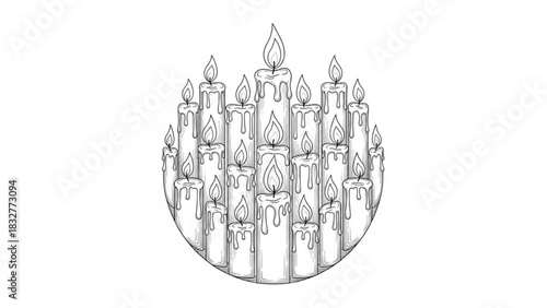 A detailed line drawing illustrates a cluster of dripping candles arranged in an oval shape against a white background