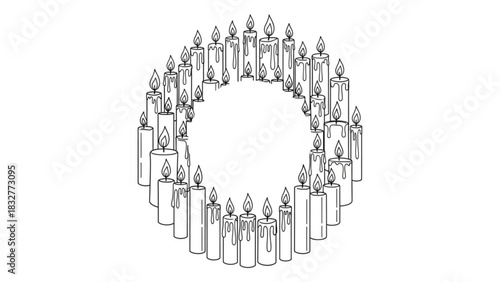 A circle of lit candles forms the shape of the letter o in a simple black and white line drawing illustration