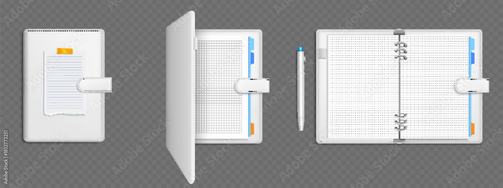 Obraz premium Open and closed notebook mockups isolated on transparent background. Vector realistic illustration of white hardcover diary with blank grid, dot, line pages, memory note and pen, business stationery