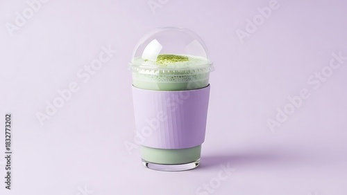 Iced matcha green tea latte in a clear cup with a purple sleeve on a light background.