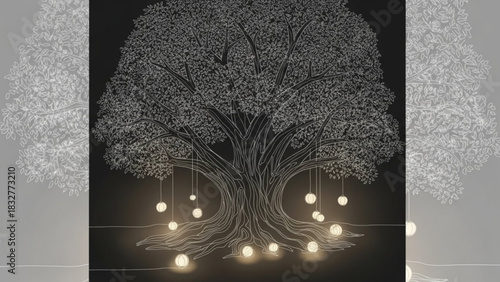 Enchanting ancient tree adorned with glowing orbs and intricate line art casting a magical ambiance against a dark background