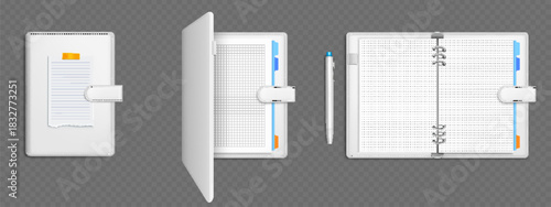 Open and closed notebook mockups isolated on transparent background. Vector realistic illustration of white hardcover diary with blank grid, dot, line pages, memory note and pen, business stationery