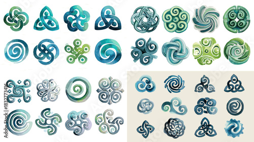 A collection of water inspired swirl and spiral motifs in cool tones, featuring organic shapes and flowing forms ideal for nature, energy, and abstract design themes.