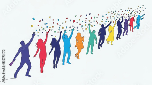 Diverse group of colorful silhouettes celebrating with confetti falling from above conveying joy and unity in a festive atmosphere