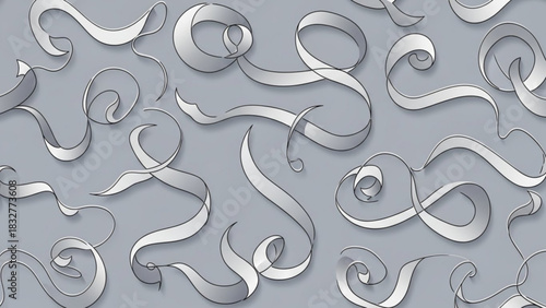 Elegant silver ribbons flowing and curling in a seamless pattern against a soft gray background