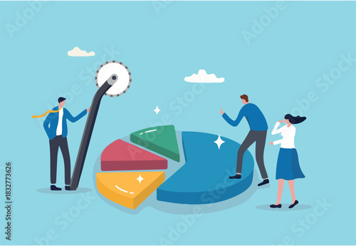 Profit or revenue sharing payment scheme, payment share with other employee in percentage pie chart, formula or distribution to calculate wages, business people cutting pie chart for their paid part. 