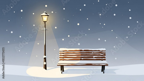 A solitary wooden park bench coated in fresh snow sits beneath the warm glow of a vintage lamppost during a gentle winter snowfall