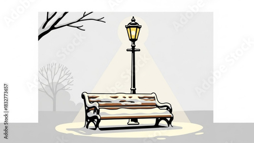 A solitary snow covered park bench bathed in the warm glow of a vintage lamppost on a quiet winter evening