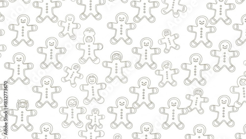 A charming and whimsical pattern featuring a delightful assortment of outline gingerbread men cookies in various sizes and poses on a clean white background