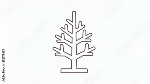 A minimalist line art illustration of a bare deciduous tree with a simple trunk and branching limbs against a stark white background
