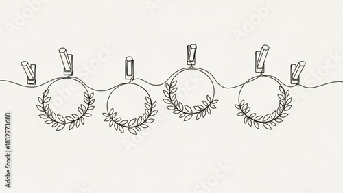 Minimalist continuous line art depicts four laurel wreath circular frames hanging from simple wall hooks on a clean white background