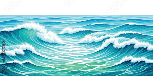Stylized turquoise ocean waves with white foam crests rolling forward isolated on white background