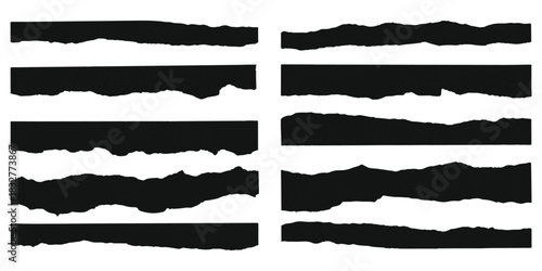 Collection of torn paper edge graphic elements, black and white texture isolated on white background