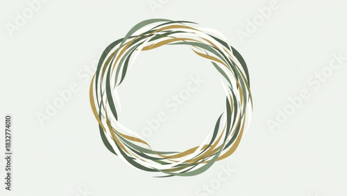 Abstract circular arrangement of flowing organic leaf like shapes in muted green gold and white against a pale background