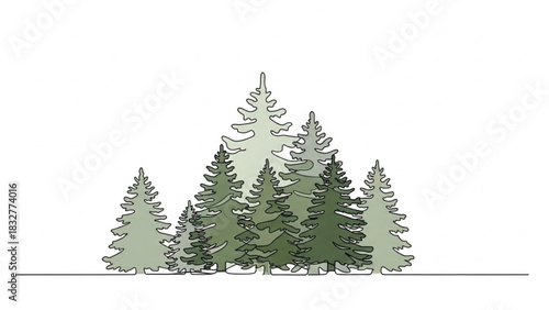 A minimalist single line drawing depicts a cluster of evergreen fir trees in varying shades of green against a clean white background evoking a serene forest scene