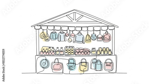 A charming minimalist line art illustration depicts a vibrant outdoor market stall overflowing with colorful clothing jars of preserves and stylish handbags evoking a sense of artisanal commerce