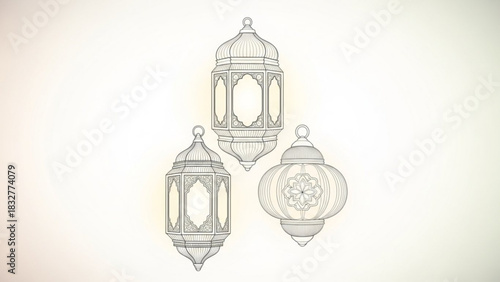 Intricate islamic lanterns with decorative patterns suspended against a soft gradient background perfect for festive occasions