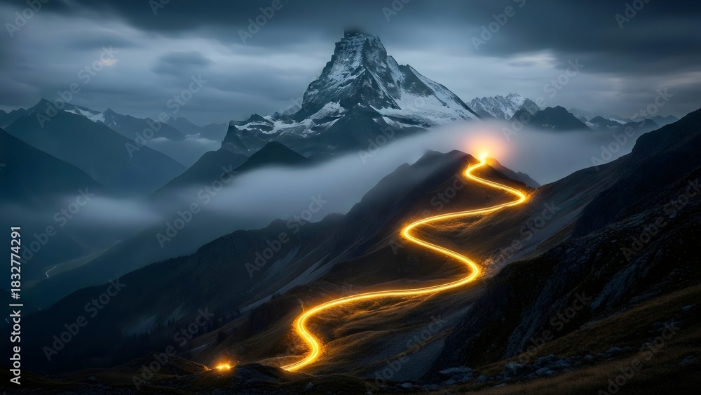 Fototapeta premium Glowing Golden Path Winding up a Dark Mountain Peak with Snowy Summit and Dramatic Clouds. Success, Journey, Challenge, Ambition, Technology, Data Flow, and Concept of The Way