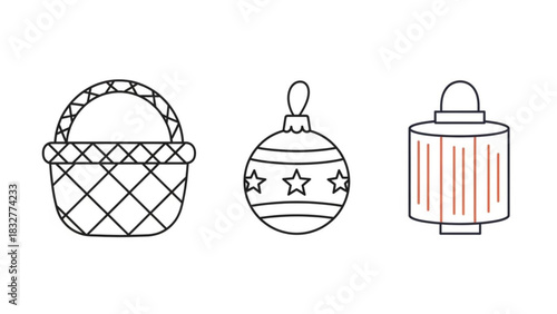 Simple outline icons of a woven basket a star decorated christmas ornament and a cylindrical lantern with vertical lines