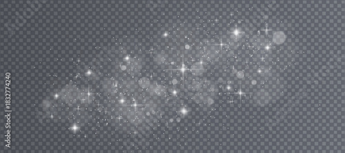 White bokeh light particles isolated on transparent background. Vector realistic illustration of glitter trail with shimmering magic fairy dust, sparkling snow effect, holiday confetti twinkle