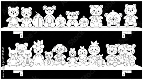 A charming collection of diverse cartoon teddy bears and other stuffed animals displayed neatly on two black shelves perfect for children s illustrations and designs