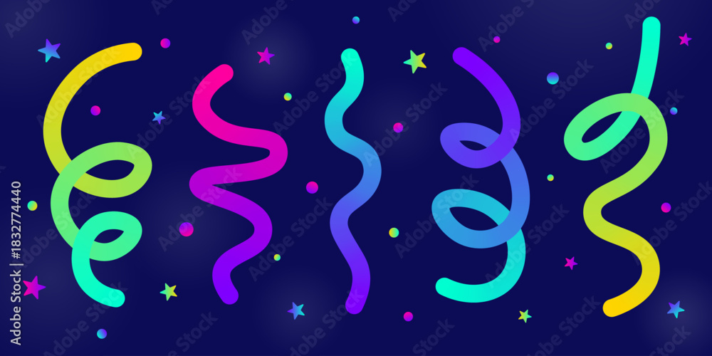 Fototapeta premium Abstract banner with twisting colorful ribbons and confetti. Cute serpentine for New Year, carnival and party invitation, greeting card, birthday, victory celebrations, and holiday decoration. Vector