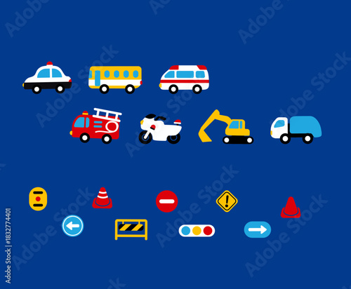 働く車と交通小物のセットイラストです。