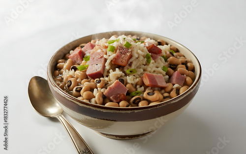 Delicious and hearty bowl of black eyed peas with rice and ham ready to eat