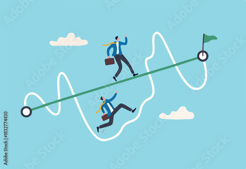 Easy or shortcut way to win business success or hard path and obstacle concept, businessmen competing with smart guy running on straight easy way and other on hard messy path.