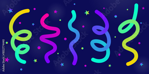 Abstract banner with twisting colorful ribbons and confetti. Cute serpentine for New Year, carnival and party invitation, greeting card, birthday, victory celebrations, and holiday decoration. Vector