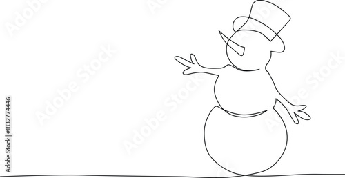 Single line drawing of a cheerful snowman in a top hat with outstretched arms Vector
