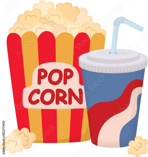 Illustration of a striped popcorn box and paper cup with lid and straw. Cinema snack combo isolated on white background