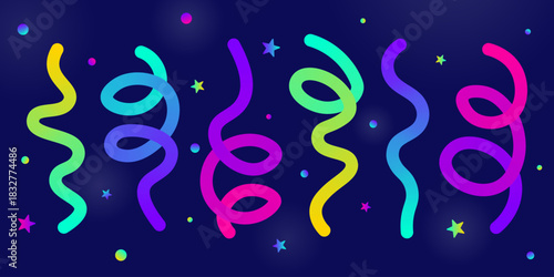 Colorful serpentine streamers with stars and dots confetti on a navy blue background. Festive celebration design for carnival or party invitation, New Year greeting card, birthday event poster. Vector