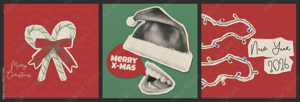 Fototapeta premium Retro Christmas collage set with halftone paper cutout art - candy canes tied by ribbon and bow, Santa hat and mouth with speech bubble on green background, garland lights with New Year 2026 note.
