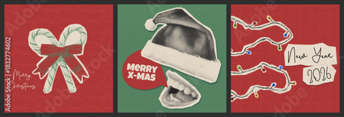 Retro Christmas collage set with halftone paper cutout art - candy canes tied by ribbon and bow, Santa hat and mouth with speech bubble on green background, garland lights with New Year 2026 note.