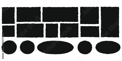 Collection of black rectangles and circles with rough edges isolated on white background