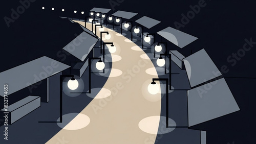 A softly lit pathway winds through a stylized night market with simple stalls and glowing street lamps casting ethereal pools of light