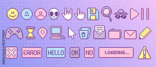 Y2k pixel icon set with retro game ui elements - vintage emoticons and cursor hands, floppy disk, hourglass and old web symbols. Nostalgic 2000s collection for digital interface or app design.