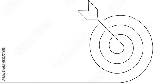 Minimalist line art of a target with an arrow hitting the bullseye, isolated. Vector