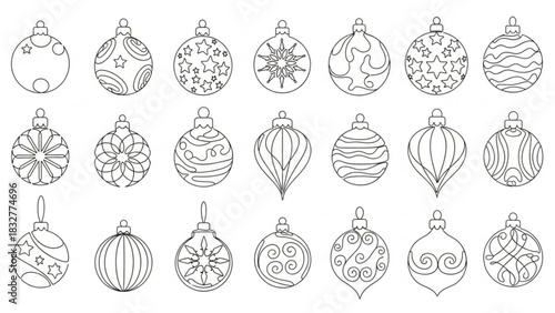 Collection of outline christmas ornaments featuring diverse decorative patterns and shapes for holiday crafting and design projects