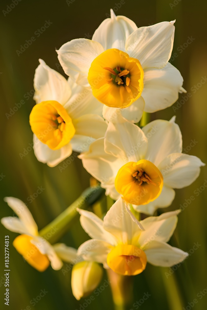Fototapeta premium Daffodils in soft light showing delicate petals and bright yellow centers in a natural setting