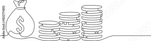 Continuous line drawing of money bag and stacked coins, symbolizing wealth and finance. Vector
