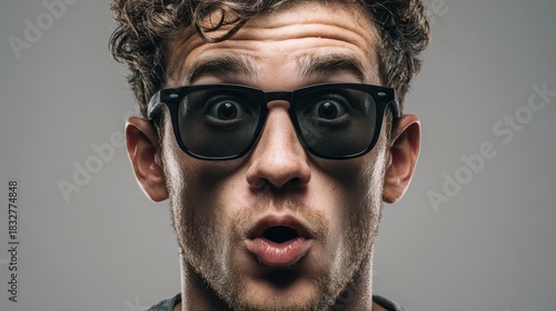 Intense studio head-and-shoulders portrait of a man in sunglasses with a surprised look
