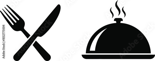 A simple black and white illustration of cutlery and a covered dish
